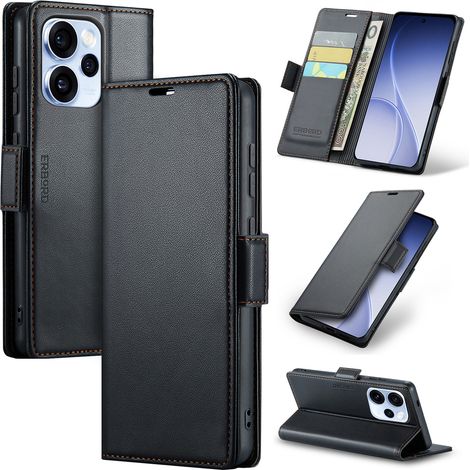Oppo Reno 15 Pro 5G Hülle, Glänzendes Litschi, Klapphülle mit Brieftaschenfunktion, Schwarz (1/5)