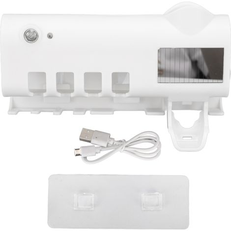 Soporte blanco para cepillos de dientes con 4 compartimentos, función de limpieza inteligente, montaje en pared sin taladro y dispensador de pasta de dientes, ABS con batería integrada. (1/5)
