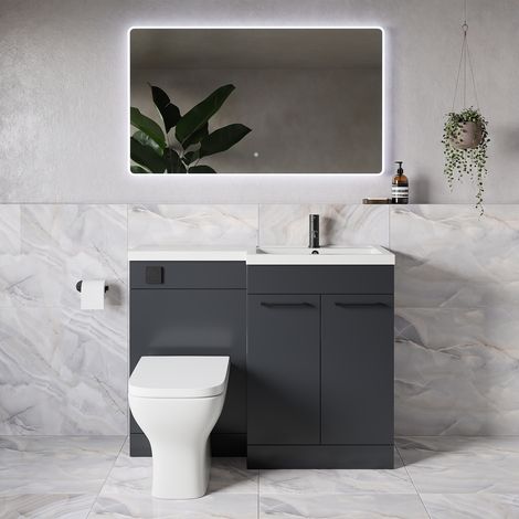 Napoli 390 Gloss Grey 1100mm 2 Door Vanity Unit Toilet Suite with Square Right Hand Lucia Basin - 1100mm - Matt Black 160mm HandleWith Kingston Toilet Pan and Seat