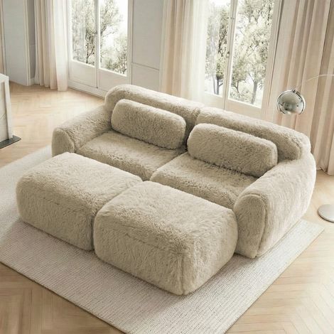 Modulares 2-Sitzer-Sofa Cloud 204x179x73 cm mit 2 Hockern – weicher Plüschstoff – rahmenloses Design und kostenlose Montage – Hellkhaki