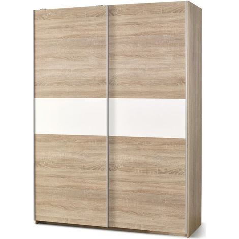 Armario Cirveso 110, Roble Sonoma + Blanco brillante, 210x153x58cm, Puertas de armario: Correderas, Número de estantes: 5