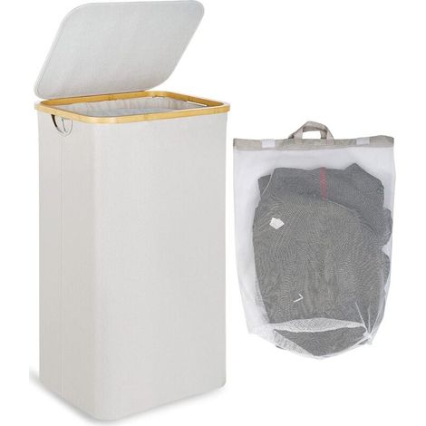 Cesto portabiancheria con coperchio, 100L, cestini portabiancheria pieghevoli con sacco interno rimovibile e lavabile, cesto portabiancheria in bambù, per lavanderia, camera da letto (Beige) (1/5)