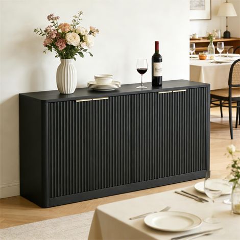 Buffet bas de salon, 150x40x70.5 cm, meuble de rangement moderne avec 4 portes ondulées, en bois MDF buffet de cuisine, Noir (1/5)
