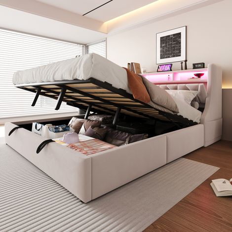 Letto imbottito 180/200 cm in velluto con contenitore, LED e prese di ricarica (1/5)
