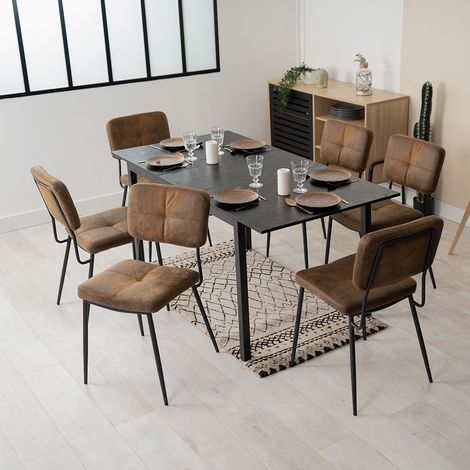 MEUBLES COSY Set da pranzo composto da sette pezzi, tra cui un tavolo allungabile e sei sedie in microfibra marrone.