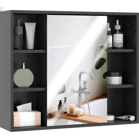 Armoire salle de bain noire avec miroir, 6 casiers ouverts et portes coulissantes, dimensions 60x14,5x49,4 cm (1/5)