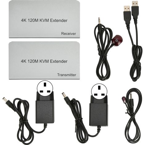 Kit Extension KVM 120m 4K 60Hz, Contrôle Clavier Souris USB à Distance, Extendeur Multimédia HD Prise en Charge PC TV, Alimentation 100-240V (1/5)