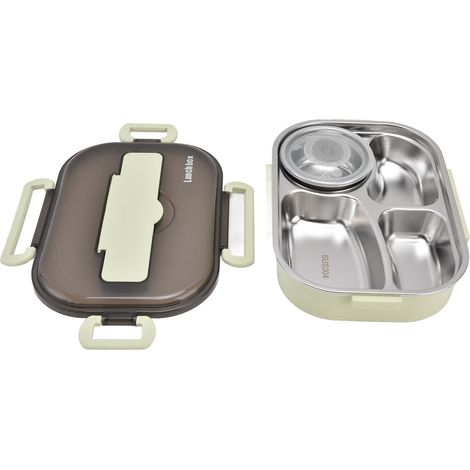 Boîte-repas bento portable 1.3L en acier inox 304 pour enfants, 4 compartiments avec bol à soupe, baguettes et cuillère, couleur verte (1/5)