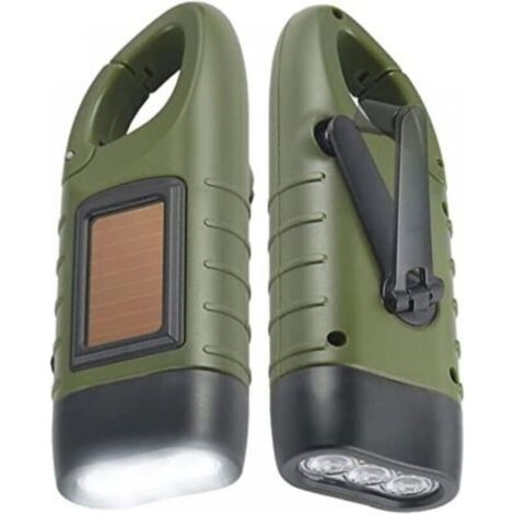 Rechargeable Solar Flashlight (Set of 2), LED Emergency Flashlight Dynamo Crank Flashlight with Carabiner for Hiking Travel Camping Climbing, Army Green (1/5)