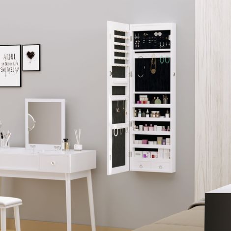 Armoire à bijoux murale avec miroir et éclairage LED, imitation bois gris - Design pratique à fixer sur la porte (1/5)