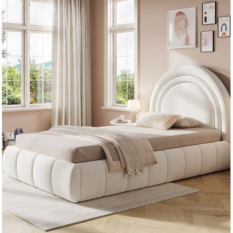 Cama individual infantil tapizada beige terciopelo 90x200 cm con cabecero, somier de láminas y arcón hidráulico
