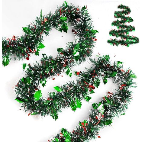 Guirlande sapin de Noël 10m avec baies et feuilles de houx, déco pailletée