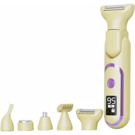 Épilateur - Corps Entier - USB Type-C Rechargeable - Pour Jambes Bras Aisselles Maillot Sourcils - 5 Têtes Interchangeables - Jaune (1/5)
