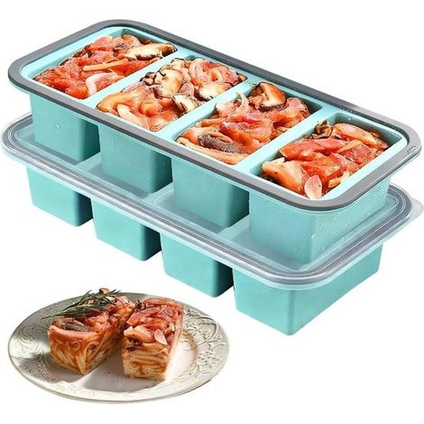 2 Stück Silikon-Eiswürfelformen à 250 ml mit Deckel, stapelbare Behälter für Suppen, Brühen und Soßen (1/5)