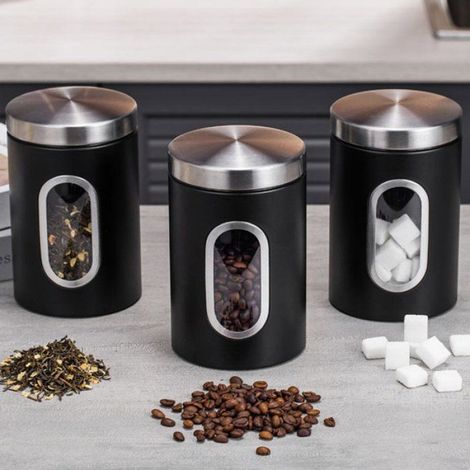 Bocal - Métal Noir - Fenêtre Transparente - Couvercle Hermétique - Pour Café Farine Pâtes Thé - 1 Pièce (1/3)