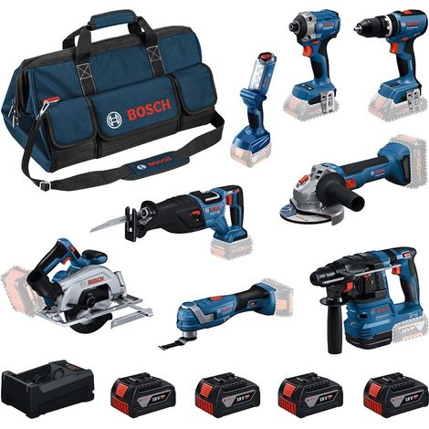 BOSCH Kit 18V (GBH18V-22+GWS18V-8+GDR18V-215+GSB18V-65+GKS18V-57-2+GSA18V-28+GOP18V-34+GLI18V-300+4x5,0Ah+GAL12V/18V-80+Tasche) (1/5)