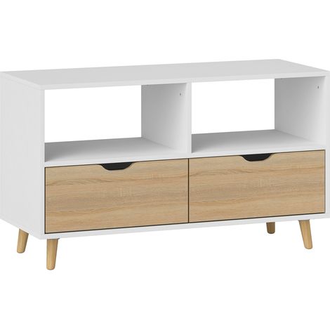 Mueble TV bajo blanco de madera, 2 compartimentos abiertos y 2 cajones, 99 cm (1/5)