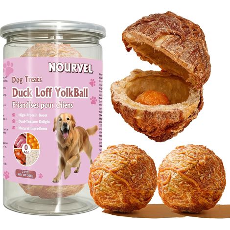 Friandises Chien Naturelles – 2 Boules en Cuir Brut Enrobées de Canard, Cœur de Jaune d'Œuf Entier – Nettoyage Dentaire (1/5)