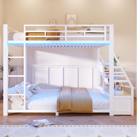 Cama litera moderna 140x200 cm, madera y metal blanco, con LED, estantes y 2 cajones de tela (1/5)