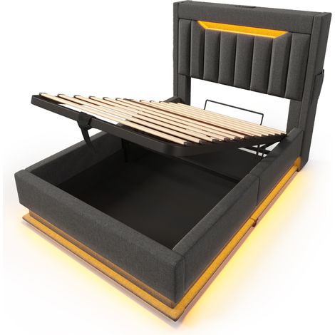 Cama individual 90x200 cm de lino gris con almacenaje, LED, USB y USB-C HOMVRA (1/5)