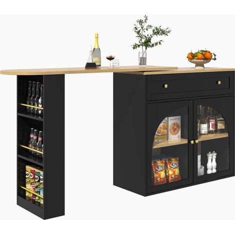 CAIziTable de bar extensible 360° avec rangement MDF portes vitrées 138-204 cm (1/5)