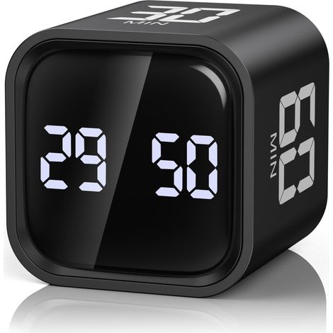Minuteur Cube, Minuterie de Cuisine à Rabat par Gravité, Compte à Rebours et Compte à Rebours avec Grand Ecran LED, Volume à 3 Niveaux, Minuterie Mignonne Rechargeable pour Cuisine - Noir (1/5)