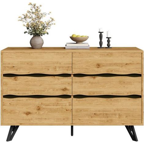 Buffet bas - SOGEU - 120 x 40 x 75 cm - 6 tiroirs - Aspect bois bicolore - Pieds métal noir (1/5)