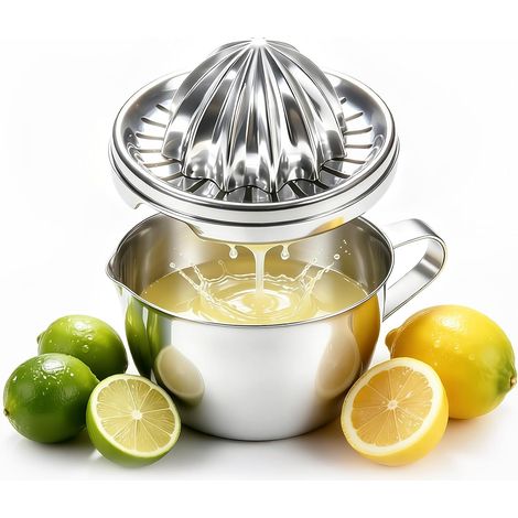 Presse Agrumes Manuel Acier Inoxydable 304 avec 400 ml Récipient à Jus et 2 Têtes - Presse Citron, Compatible Lave-vaisselle, Anti-Rouille - Pour Citrons, Limes, Oranges
