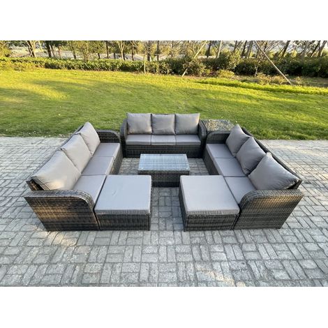 Fimous Ensemble de meubles de jardin en polyrotin 11 places avec Table basse rectangulaire Canapé 3 places Table d'appoint 2 Grand tabourets Gris foncé mixte (1/5)