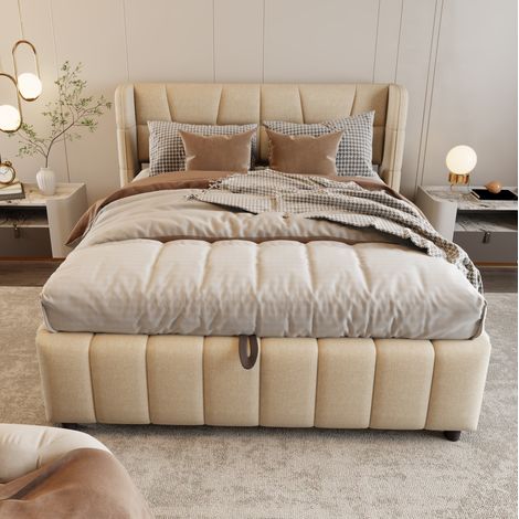 Letto doppio 140x200 cm beige con contenitore, tessuto lino e metallo, senza materasso (1/5)