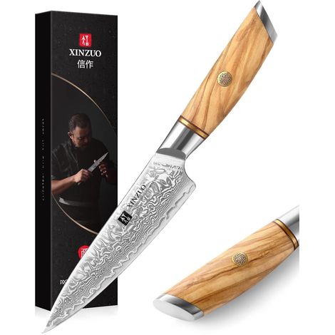 Couteau Universel Cuisine 13cm Couteau Tout Usage 73 Couches Acier Damas Multifonctions Paring Fruits Poignée Bois Olivier (1/5)