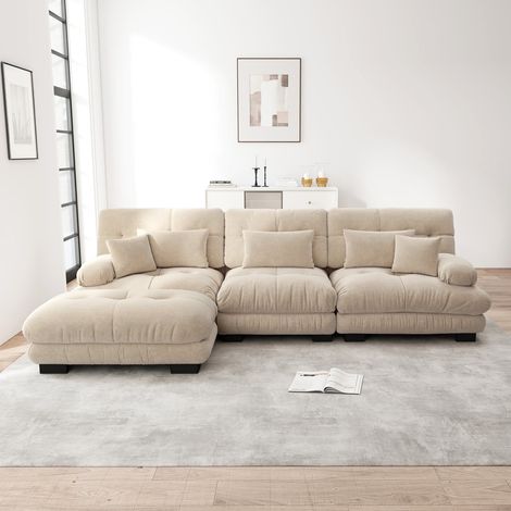 Canapé d’angle modulable, forme l oversize avec ottoman, assise profonde, tissu chenille côtelé, brun clair (1/5)