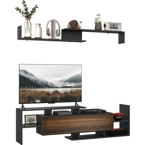 Télévision Mobile avec Étagère Murale en Bois Noir et Marron, Meuble Étagères Ouvertes pour Séjour Moderne (1/5)
