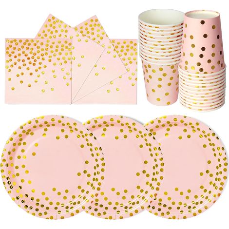 Juego de vajilla de 90 piezas en oro rosa para fiestas de cumpleaños, para 30 invitados, incluye platos de papel, vasos de papel desechables y servilletas, ideal para barbacoas, fiestas y picnics. (1/5)