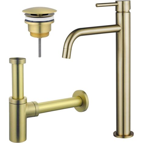 FugaFlow Eccelente Sobrado Slim Slim Kit mitigeur lavabo - robinet rehaussé - bonde nonobturable - siphon design - PVD Laiton brossé (1/4)