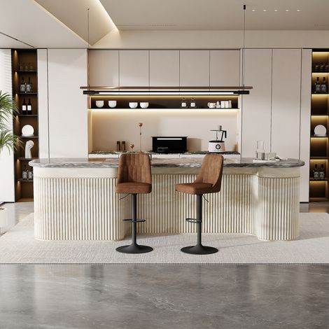 Tabourets bar – Lot 2 – Réglables – Pivotants 360° – Tissu marron – Pieds métal noir – Îlot cuisine/comptoir (1/5)