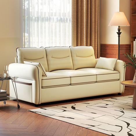 Sofá de 3 Plazas Tapizado en Cuero Sintético Acolchado Grueso Asiento Ancho Reposabrazos Bolsillo Montaje Rápido Beige (1/5)