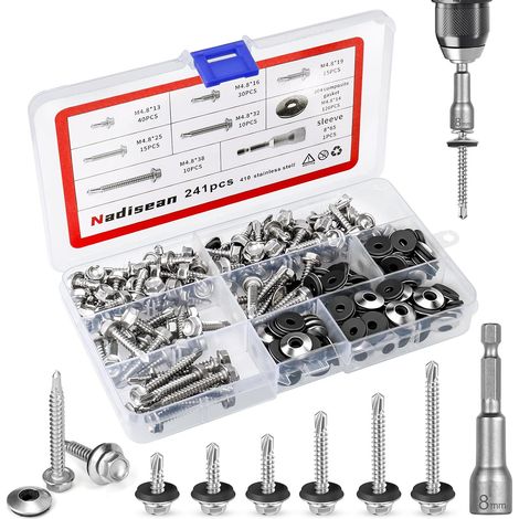 241Pcs Vis Autoforeuse Metal M4.8  13/16/19/25/32/38mm, Vis Autoperceuse Tête Hexagonale Inox avec Rondelles D'étanchéité Douille Hexagonale, Vis Autoperforante Vis Bac Acier pour Toiture (1/5)