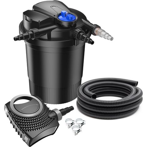 SunSun Komplettset: CPA-10000 Teichdruckfilter bis 12000 L mit 11 Watt UV-C Teichklärer, NEO10000 SuperECO Teichpumpe 10000l/h 80W, 10m Teichschlauch 38 mm (1 1/2"), Schlauchschellen W1 44-47mm