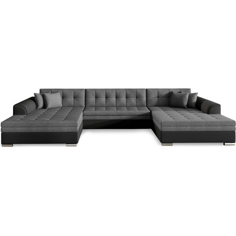 Cotecosy – Canapé panoramique convertible 355 cm – Tissu gris et simili cuir noir – 5 places – Hauteur d'assise 38 cm – Livré monté