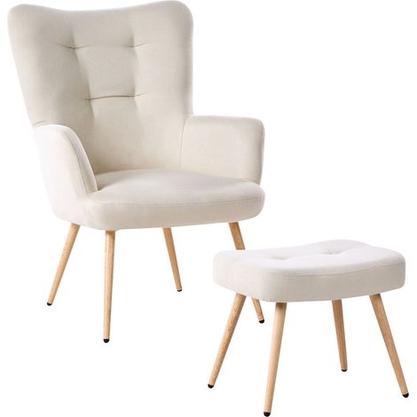 Wingback Chair VEJLE with Footstool Fabric Light Beige (1/5)