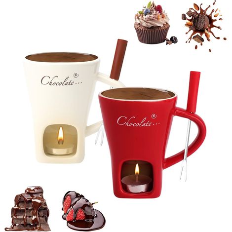 Lot de 2 tasses à fondue au chocolat en céramique 130 ml avec photophore Fourchettes pour fondue au chocolat, au chocolat, au beurre, blanc et rouge (1/5)