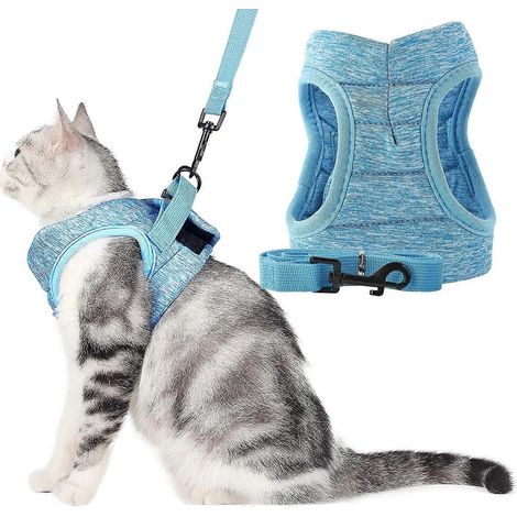 Soft Cat Harness and Leash Set Escape Proof Walking Adjustable Soft Jackets with Cushioning Cat Leash (S, Blue) (1/5)