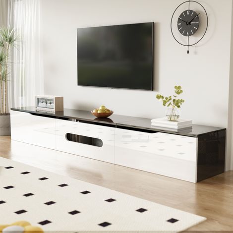 Meuble TV blanc et noir, 180 cm, finition laquée brillante, éclairage LED 16 couleurs, fixation murale possible (1/5)
