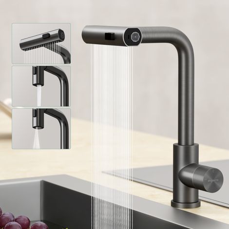 Mai & Mai Wasserhahn Küche Küchenarmatur mit Brause Ausziehbar, Küchenwasserhahn 360°Schwenkbar 3 Sprühfunktionen, Mischbatterie Spültischarmatur aus Edelstahl Grau Turnix-02 (1/5)