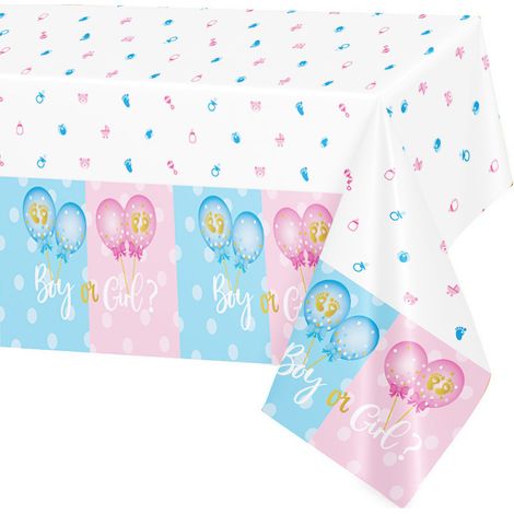 Cinq nappes roses et bleues, mesurant 137 x 274 cm, idéales pour décorer une fête de révélation du sexe du bébé. Nappes en plastique jetables. (1/5)