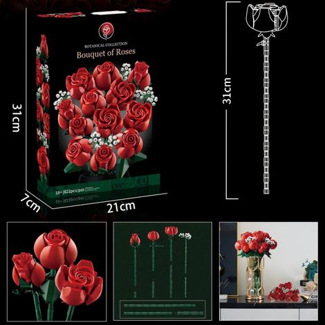 Bouquet de roses artificielles pour décoration intérieure, jeu de construction fleuri, jouet cadeau anniversaire et Noël, bloc de montage pour maison. (1/3)