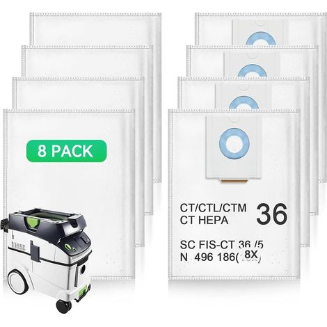 8 Pcs Sac Aspirateur Compatible avec CT 36/CTM 36 E/CTL 36 E, Sac Filtrant de Rechange Compatible avec 496186 à 5 Couches, Sacs Filtrants pour Extracteur de Poussière non Tissé (1/5)