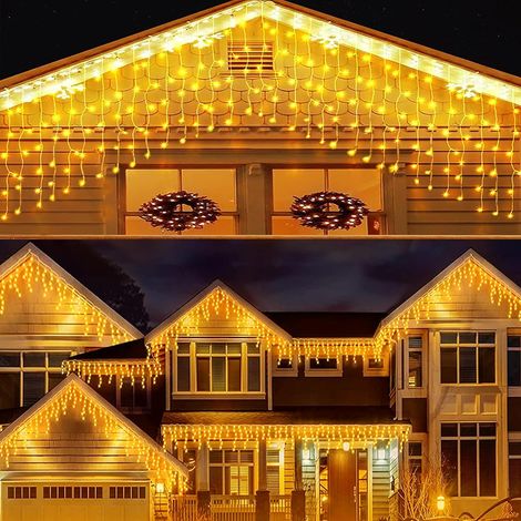 Guirlande Lumineuse Exterieure Intérieur 8 M 288 LEDs Rideau Lumineux Exterieur étanche avec 8 Modes,Rideau Guirlande Lumineuse avec Prise pour Balcon, Jardin, Fenêtre, Blanc Chaude