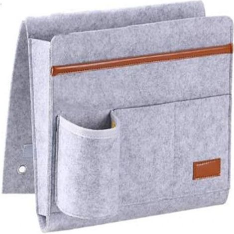 Pochette de lit en feutre gris, organiseur pour lit, canapé, table de chevet, sac de rangement suspendu, pour bouteille, magazines, télécommande, téléphone, tablettes (1/5)